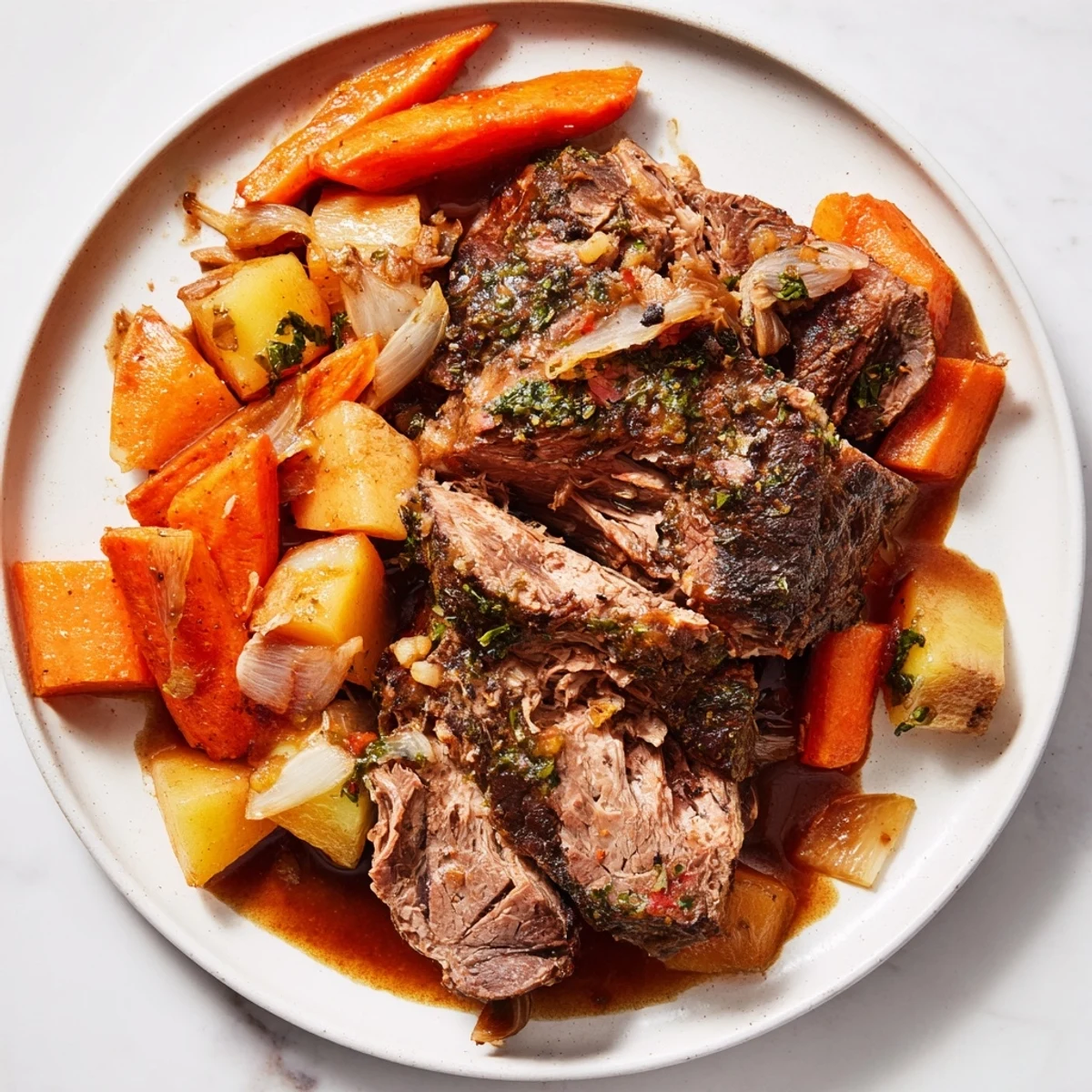 Tender, fall-off-the-bone braised lamb leg, served with colorful roasted vegetables and rich gravy.