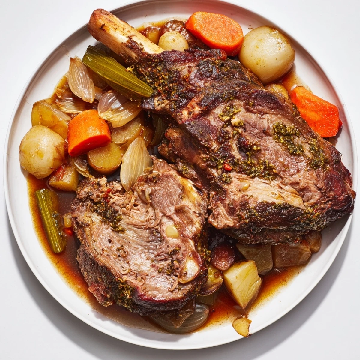 Fork-tender braised lamb leg, glistening with flavorful juices, alongside hearty root vegetables.