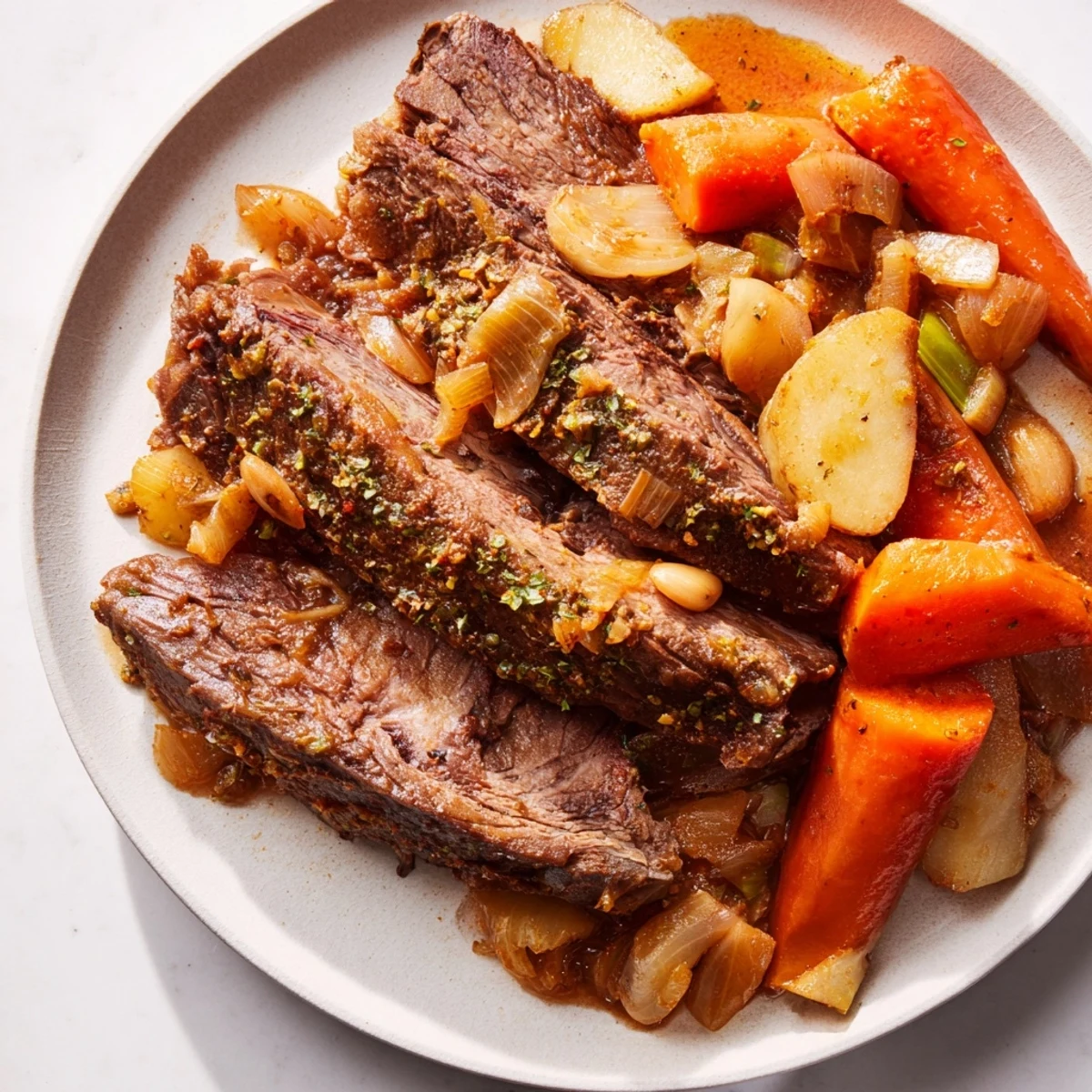 A rustic photo of a braised lamb leg with vegetables, promising a comforting and delicious meal.