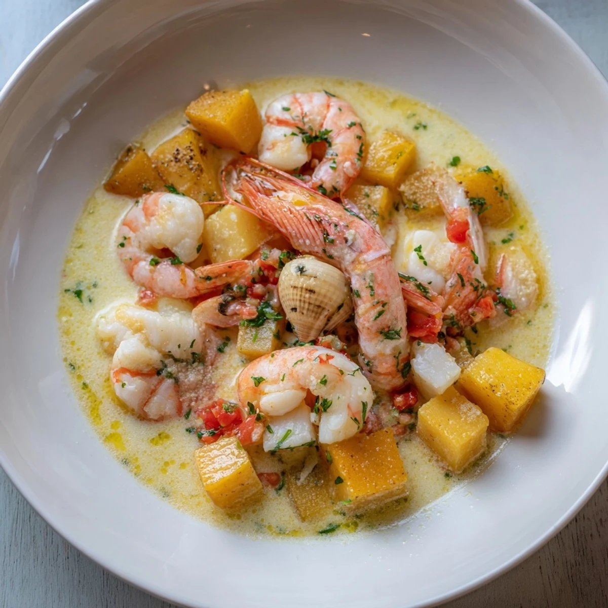 Creamy Seafood Chowder: a steaming bowl featuring tender seafood and vegetables in a rich, flavorful broth, ready to enjoy.