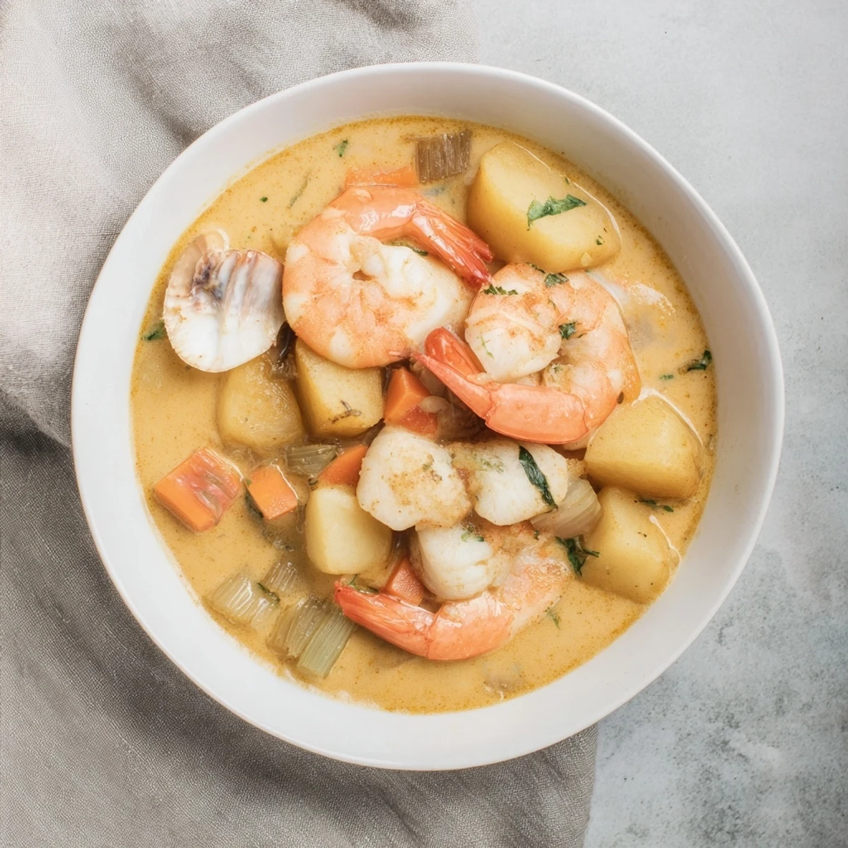 Hearty Creamy Seafood Chowder, filled with plump shrimp and flaky fish, presented in a rustic, inviting bowl.
