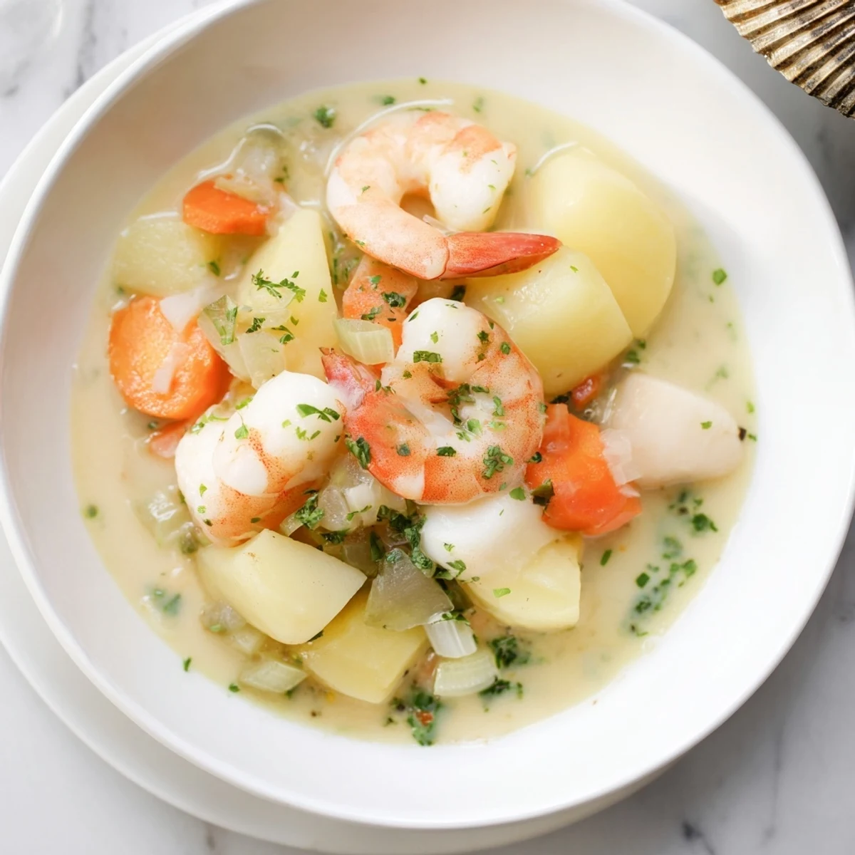 Delicious Creamy Seafood Chowder, garnished with fresh parsley and ready to be served with crusty bread for a perfect meal.
