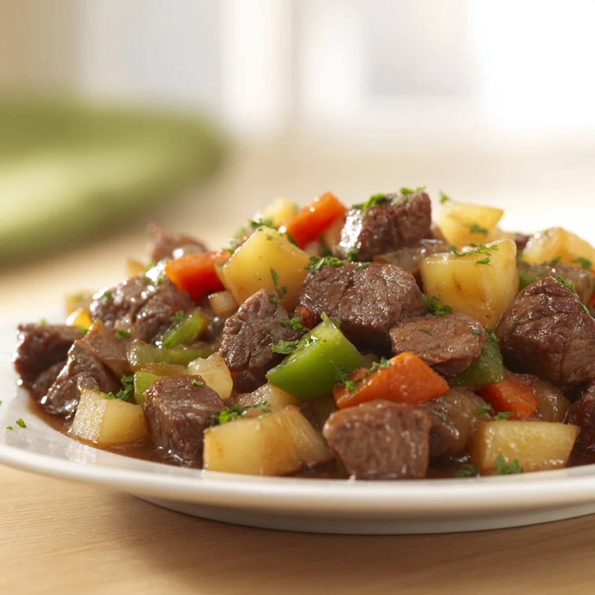 Golden-brown Hash Beef, with tender chunks of beef and seasoned vegetables, ready to serve.