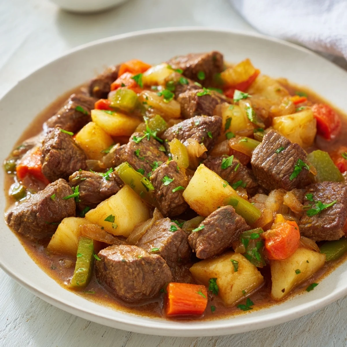 Savory, one-pan Hash Beef, featuring browned beef cubes and tender potatoes in a rich broth.
