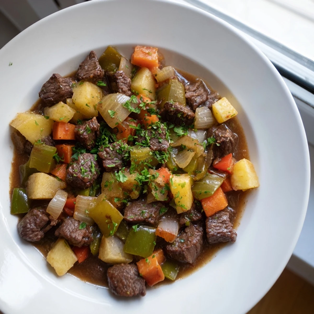 Steaming hot Hash Beef, a hearty American meal with perfectly cooked beef, perfect for dinner.