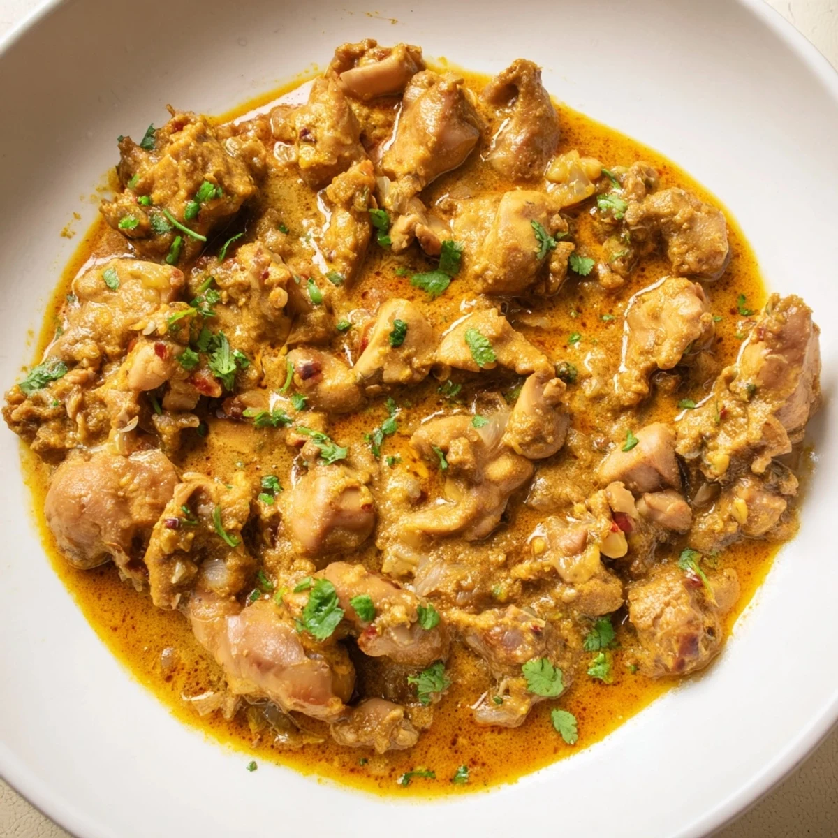 A close-up of creamy chicken curry, served in a bowl, with cilantro garnish and rice.