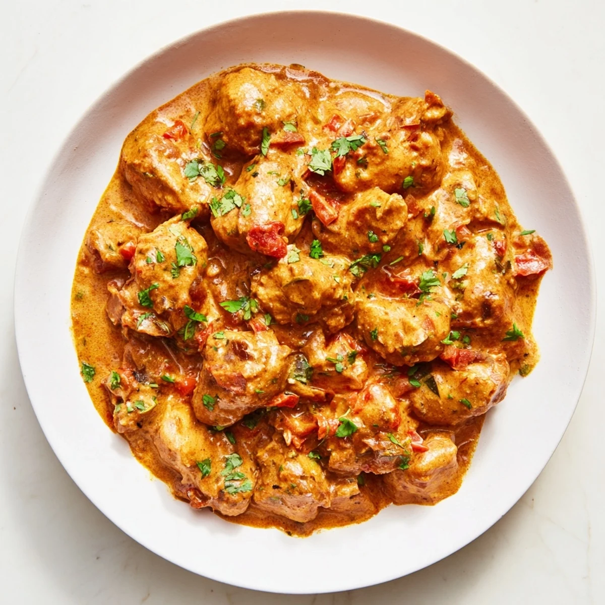 Delectable creamy chicken curry with a rich tomato base, perfect for serving with fluffy basmati rice and naan.