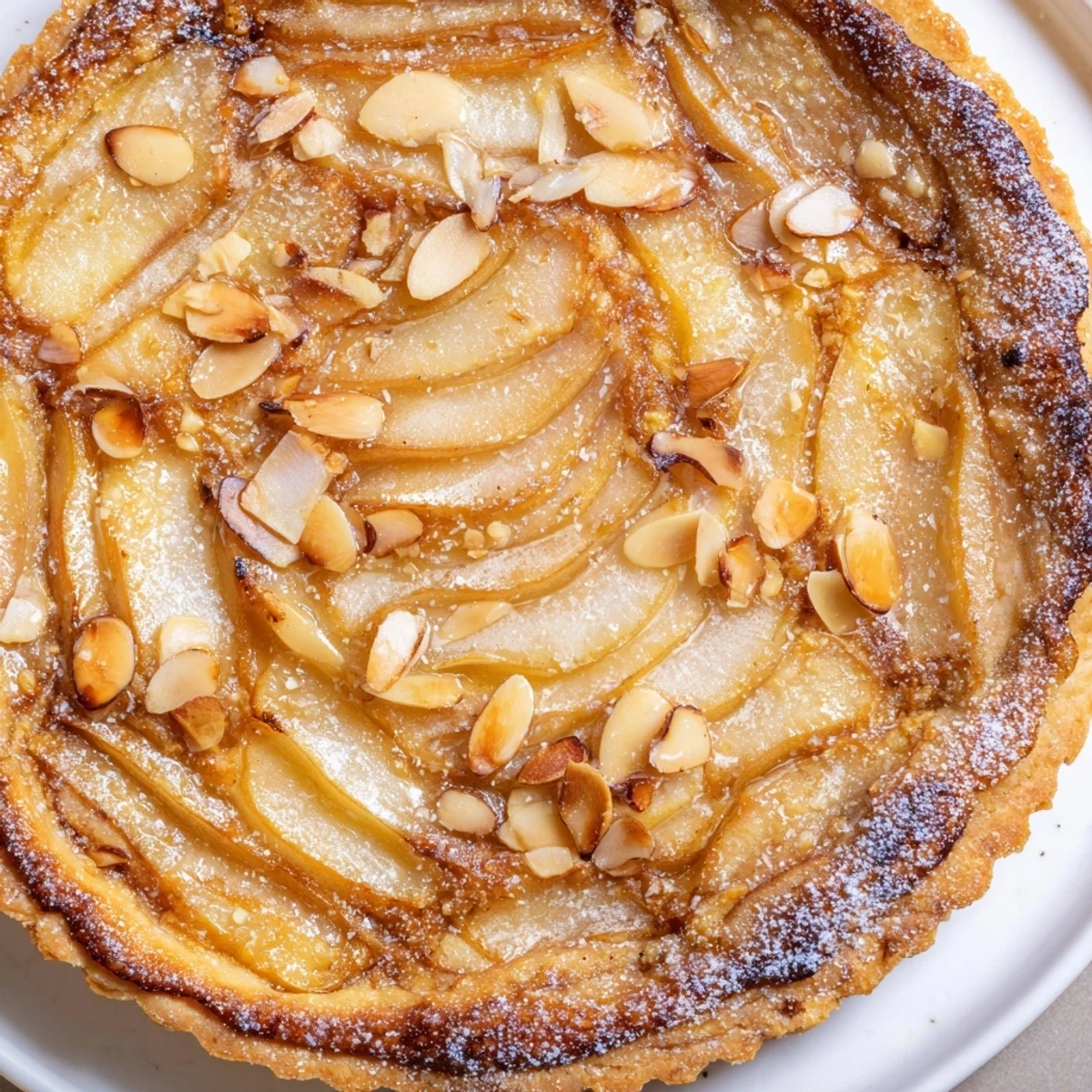 Golden-crusted Spiced Pear Tart, showcasing tender pear slices with a cinnamon-infused aroma, ready to serve.