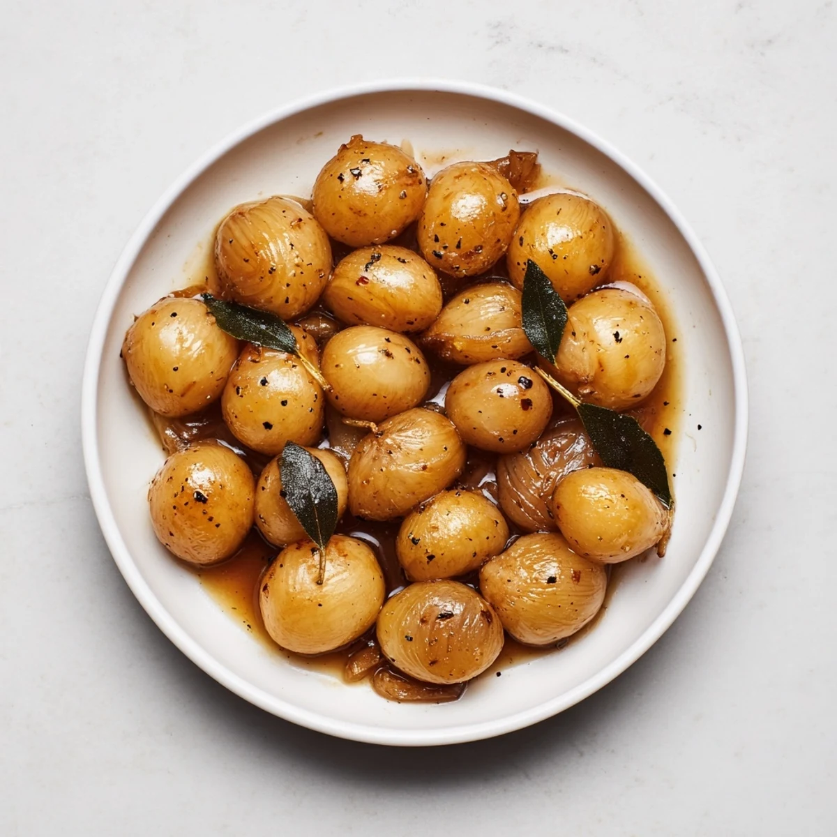 Sizzling, caramelized Braised Onions simmering gently in a pan with broth, ready to be served.