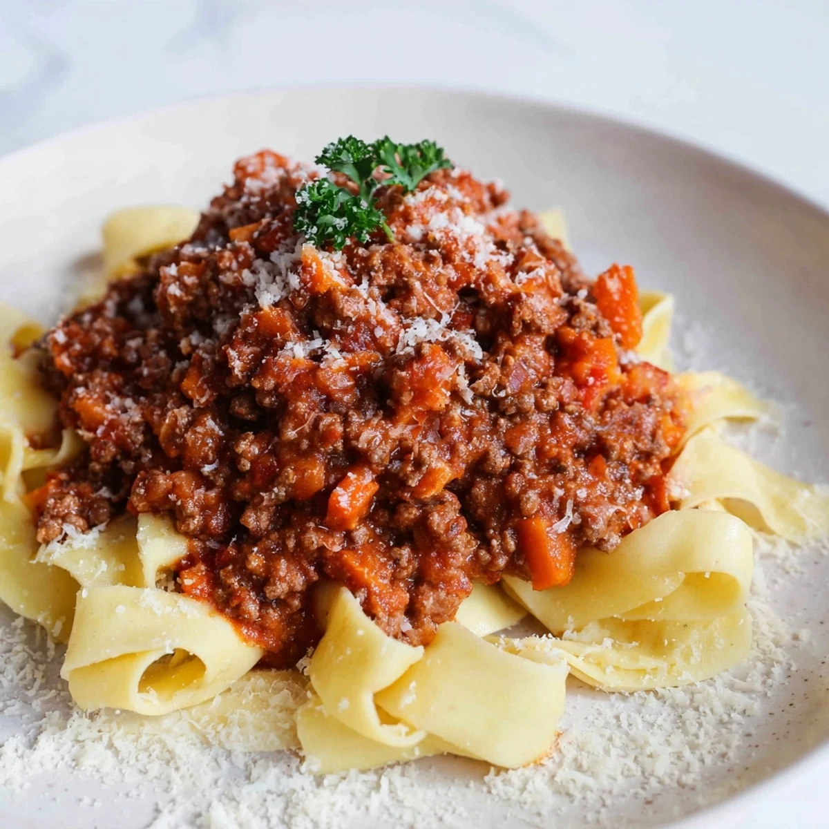 Warm bowl of Beef Bolognese, swimming in rich sauce, topped with grated Parmesan cheese.