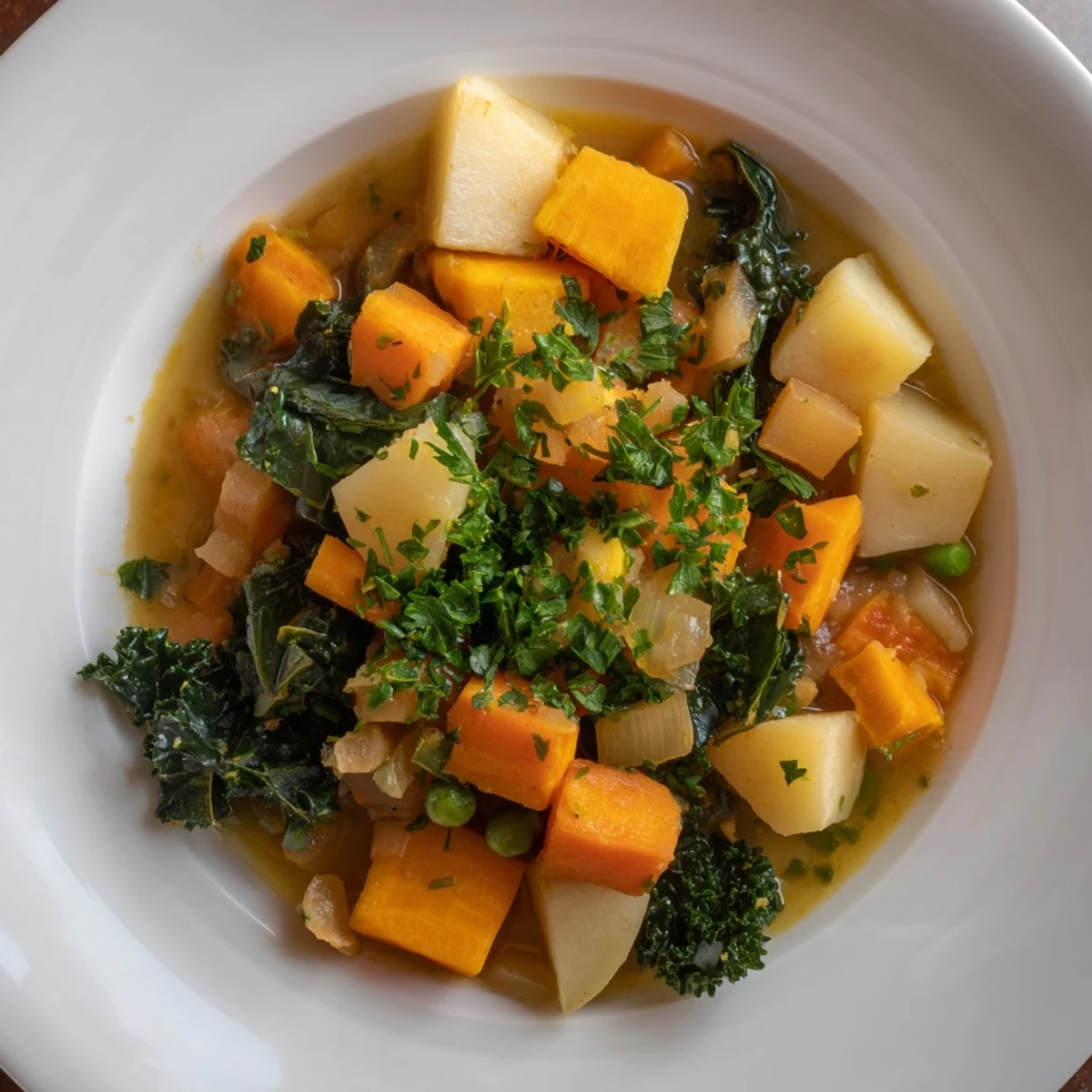 Close-up of a bubbling winter vegetable stew, rich with herbs, perfect for a cozy dinner.