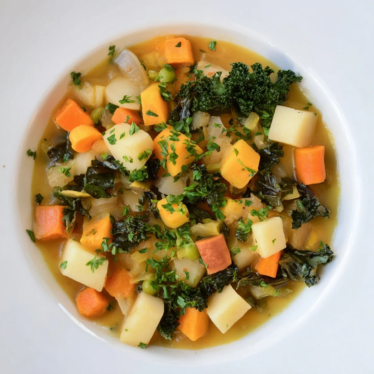 Hearty winter vegetable stew in a bowl, showcasing tender vegetables and a savory broth.