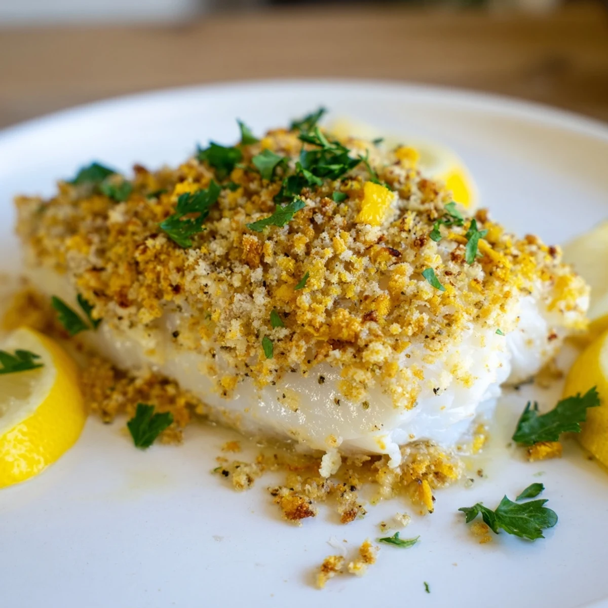 Golden, flaky Baked Haddock fillets ready to serve with lemon wedges, a delicious pescatarian meal.
