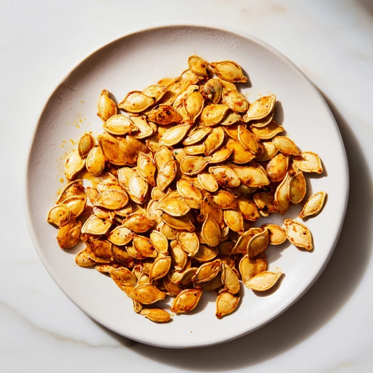 Golden-brown roasted pumpkin seeds, seasoned with savory spices, fresh from the oven, ready to enjoy.