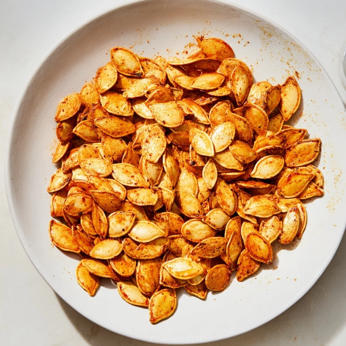 Crispy roasted pumpkin seeds, a delicious snack, offering a symphony of textures, sprinkled on a table.
