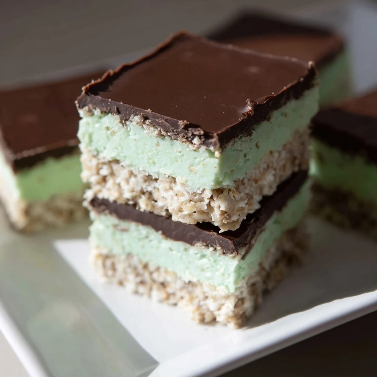 A close-up of a Peppermint Slice, showing the layered creamy filling and rich chocolate.