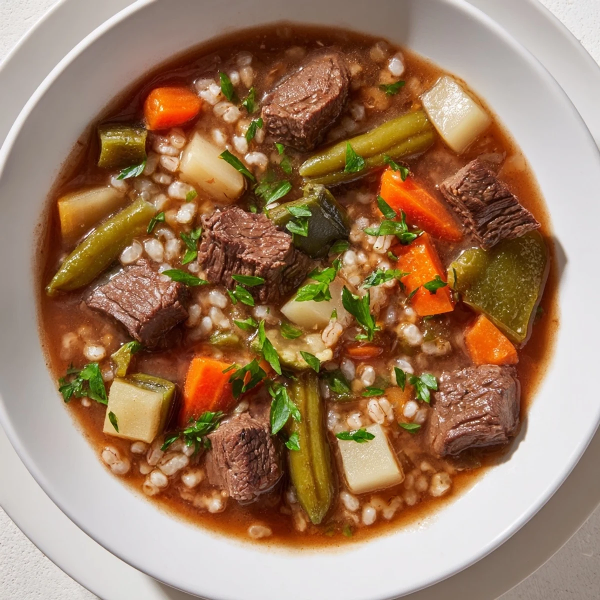 This comforting Hearty Beef and Barley Vegetable Stew shows a thick, bubbly stew ready to be served.