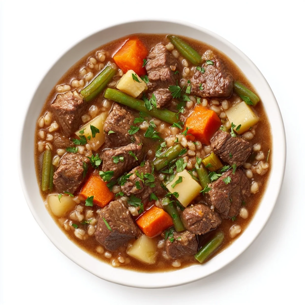 Hearty Beef and Barley Vegetable Stew, a rustic, steaming bowl loaded with tender beef and vegetables.