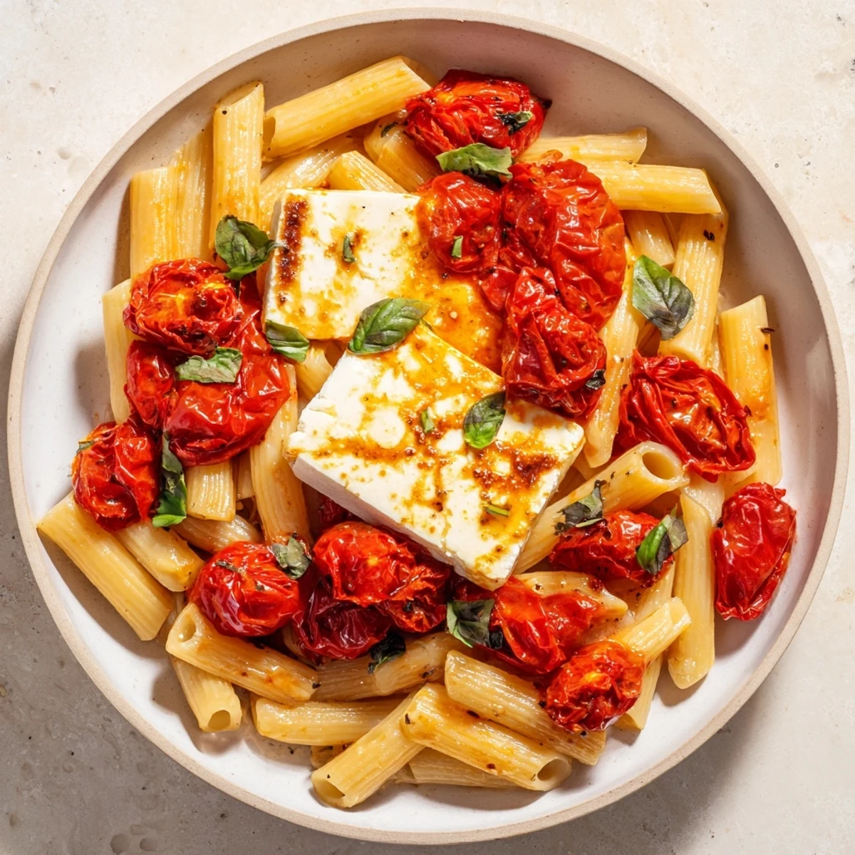 Creamy Baked Feta Pasta with bursting cherry tomatoes, ready to serve with fresh basil garnish.