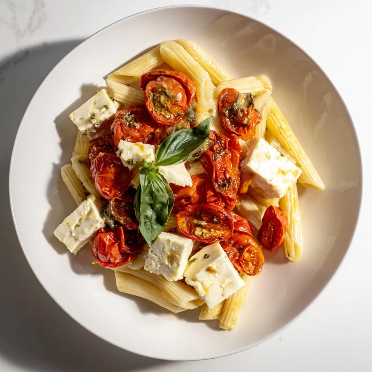 A close-up shot of hot Baked Feta Pasta, a Mediterranean favorite, looking utterly delicious.
