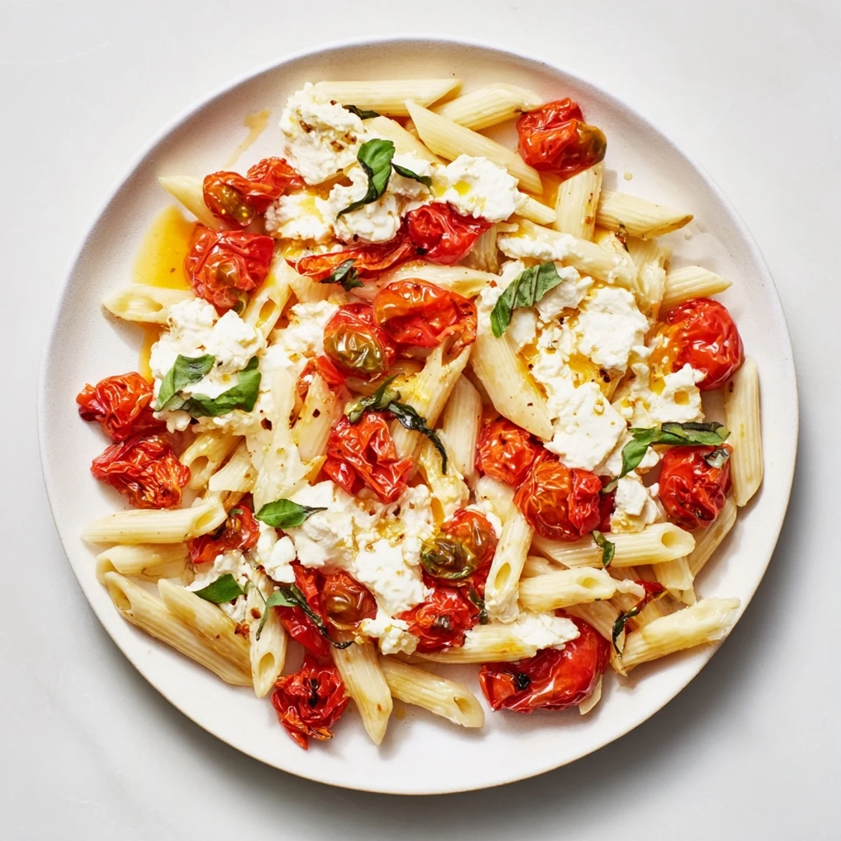Golden-baked feta cheese melting into a colorful Baked Feta Pasta, ideal for a vegetarian meal.