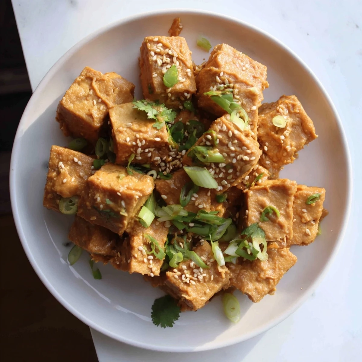 Golden-brown, crispy baked tofu is drenched in a rich, flavorful peanut sauce ready to serve.