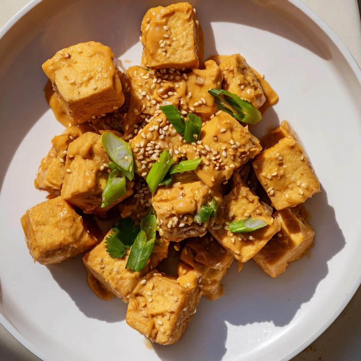 Vegetarian meal of crispy baked tofu pieces, coated in creamy peanut sauce, garnished with sesame seeds.