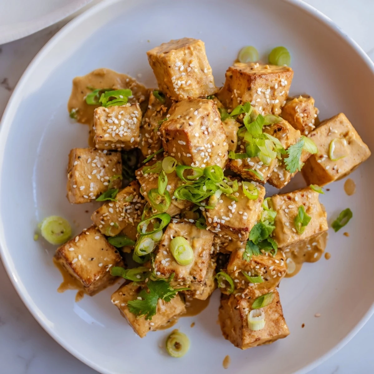 Aromatic peanut sauce covers the beautifully crisp edges of this savory baked tofu, ready for dinner.