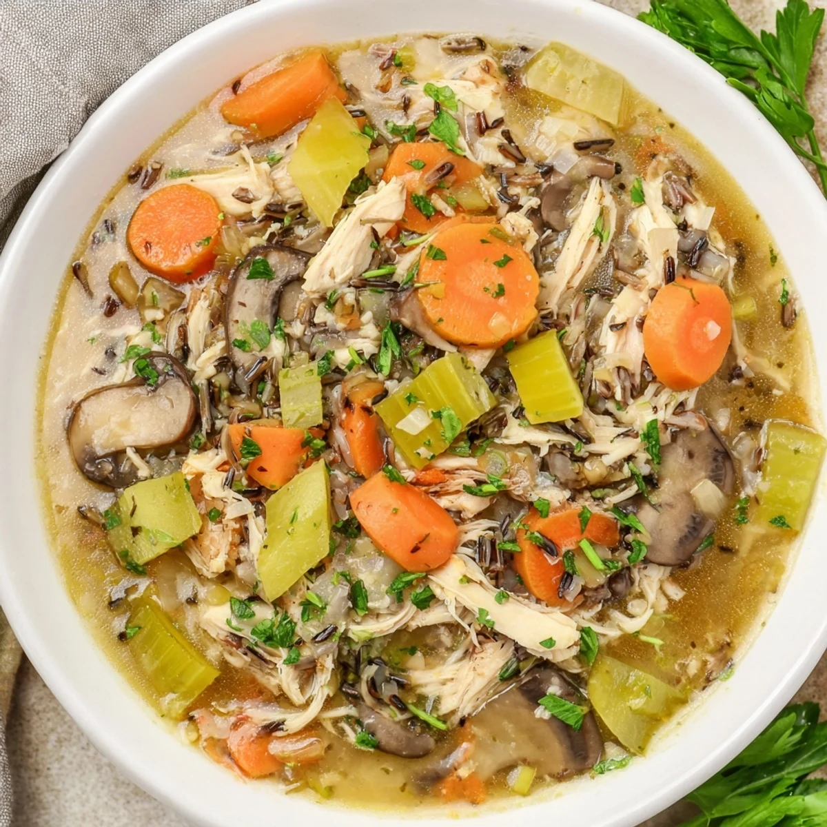 Steaming hot bowl of Instant Pot Chicken and Wild Rice Soup, garnished with fresh parsley.