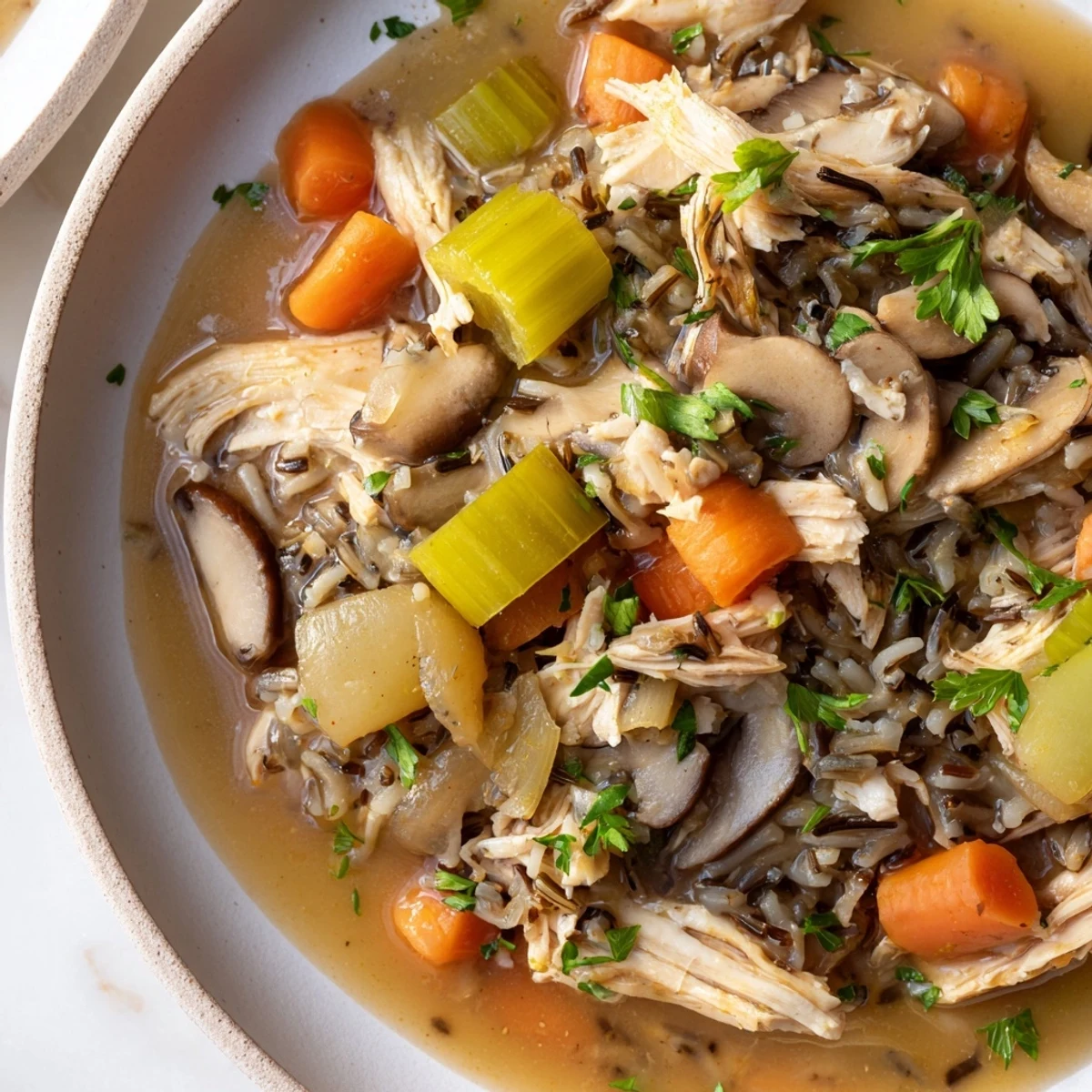 Close-up of savory Instant Pot Chicken and Wild Rice Soup, filled with tender chicken and vegetables.