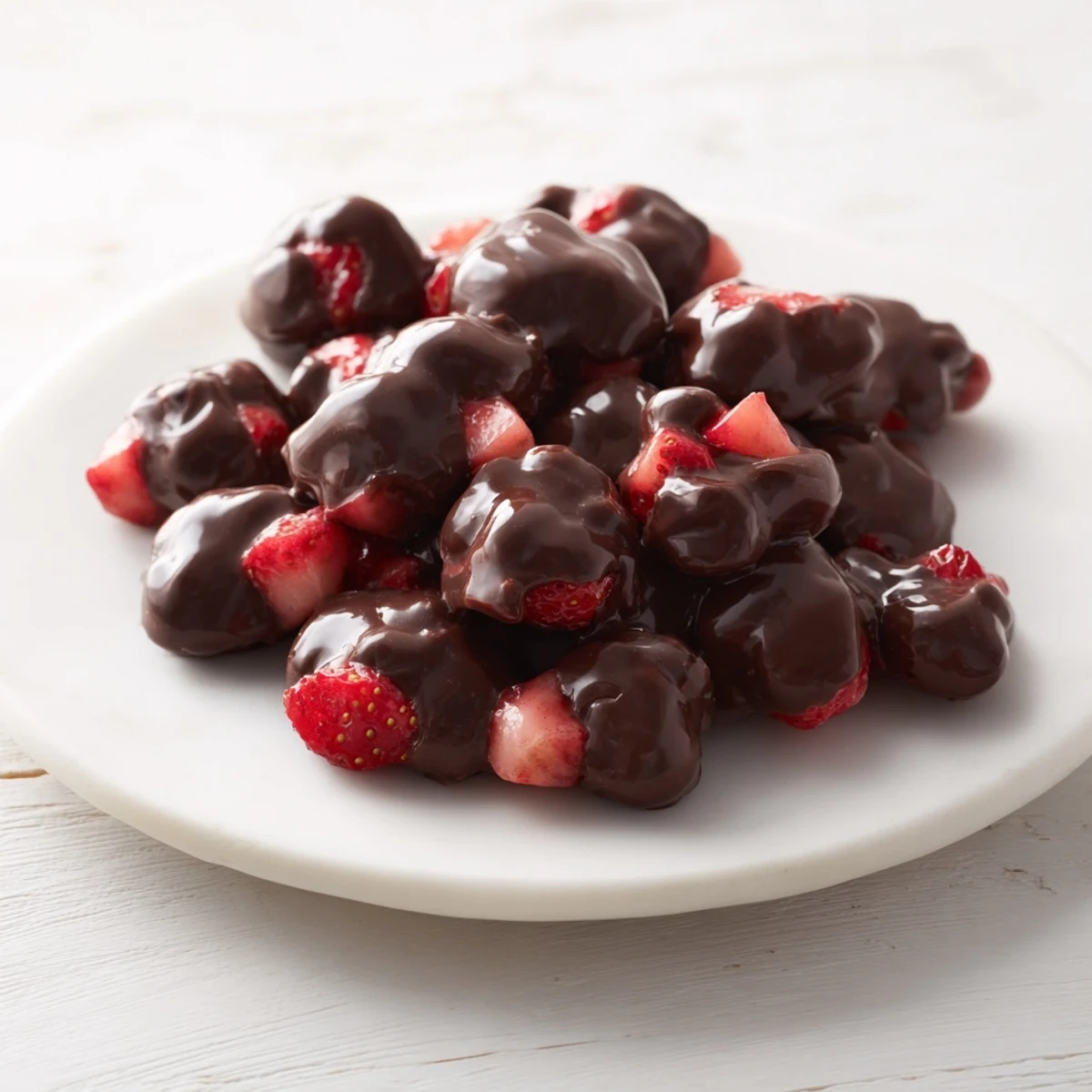 A close-up of vibrant Chocolate Covered Strawberry Greek Yogurt Clusters, a perfect, frozen dessert.