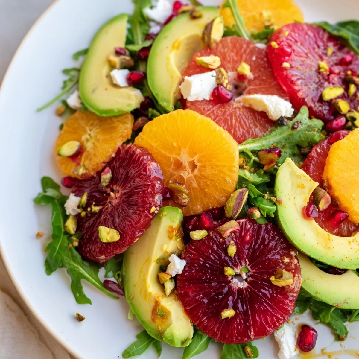 Winter Citrus Salad with pomegranate vinaigrette, beautifully showcasing vibrant orange slices and fresh greens.