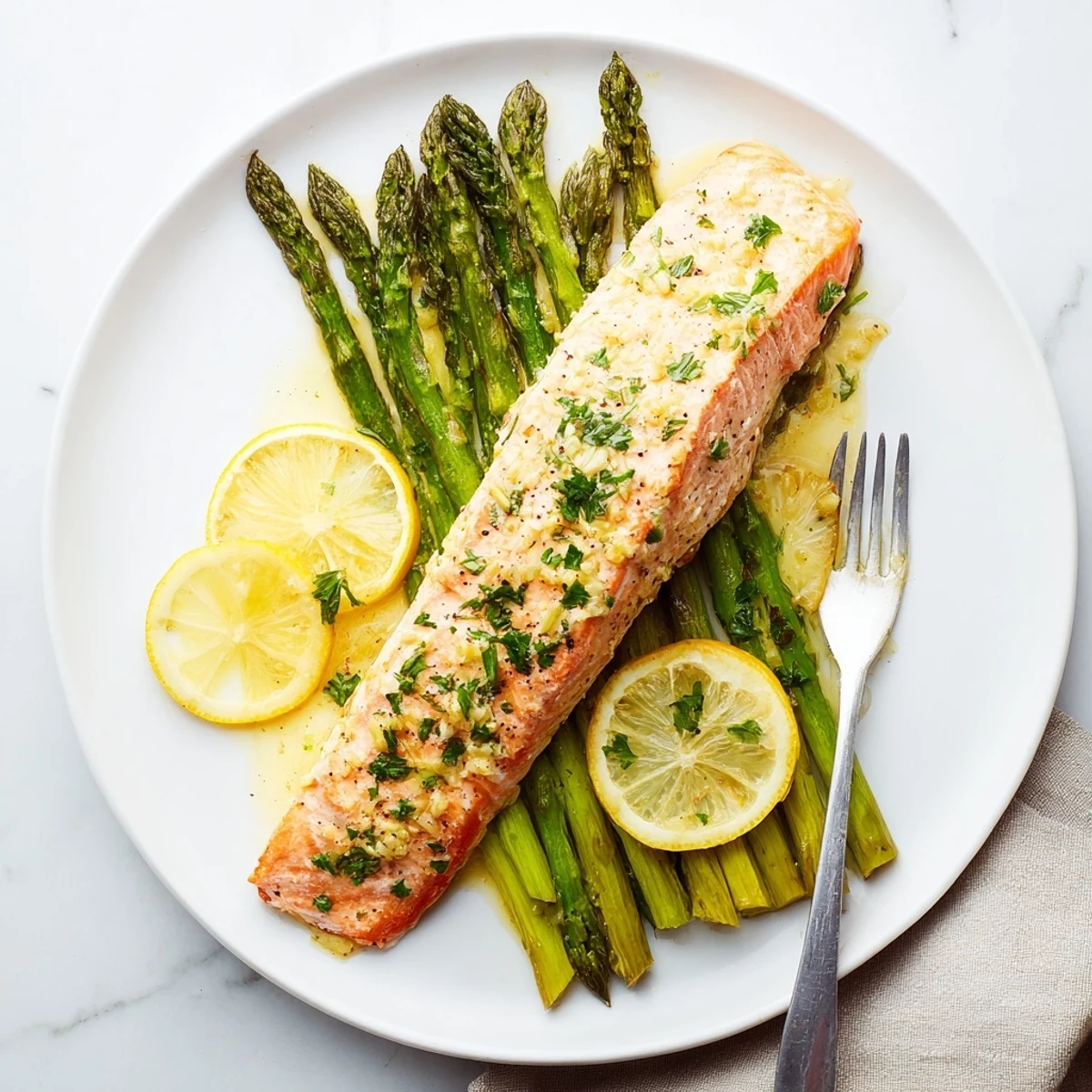 Golden baked Lemon Garlic Butter Salmon with tender asparagus, ready to be enjoyed.
