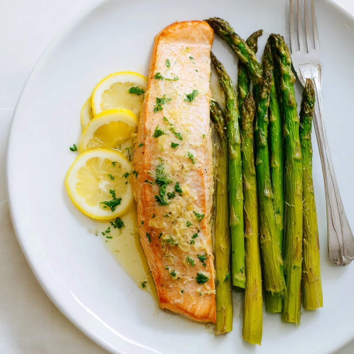 Savory salmon fillets coated in lemon-garlic butter with asparagus, a delicious, healthy dinner.