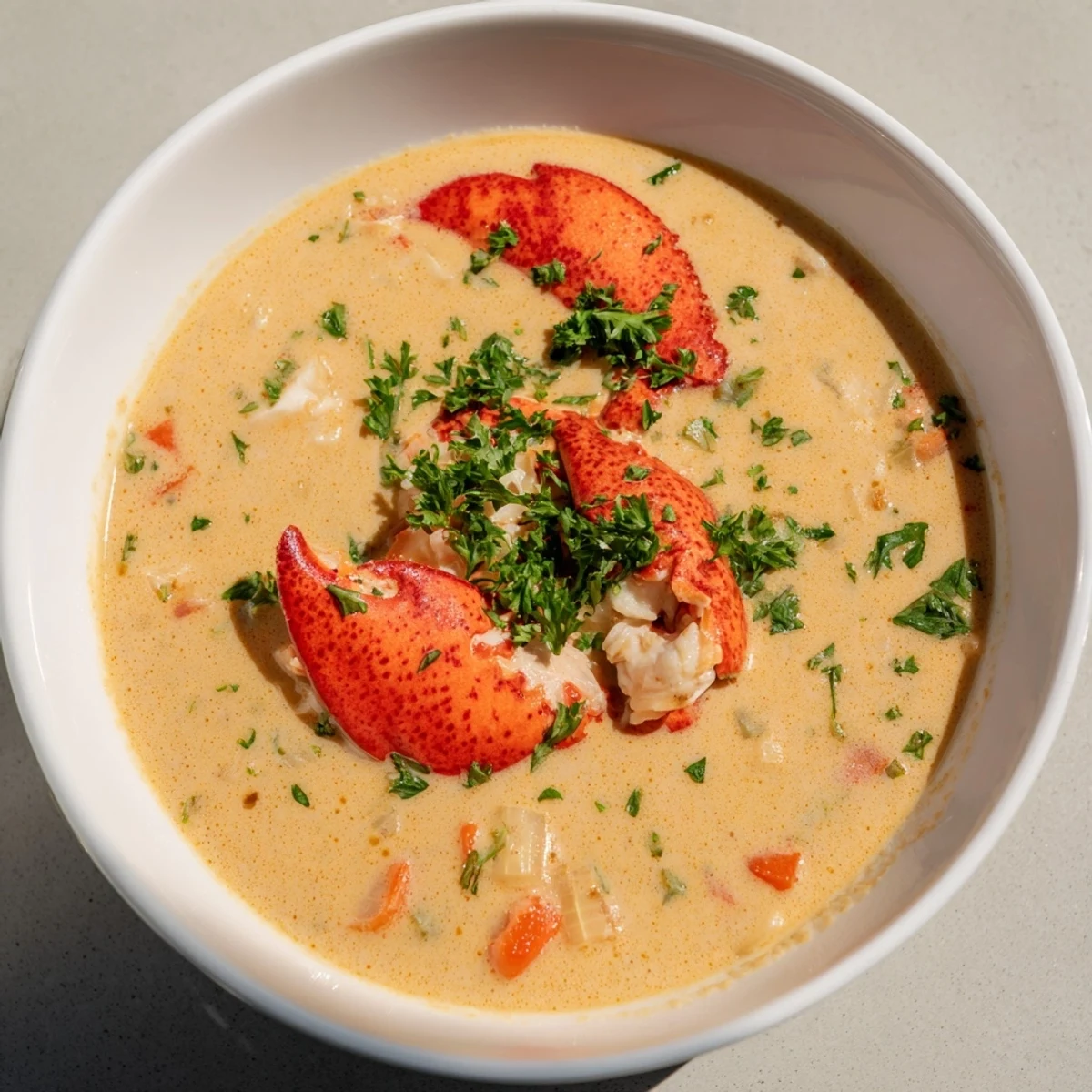 Creamy Lobster Bisque Soup: a rich, flavorful seafood soup, garnished with fresh herbs alongside crusty bread.