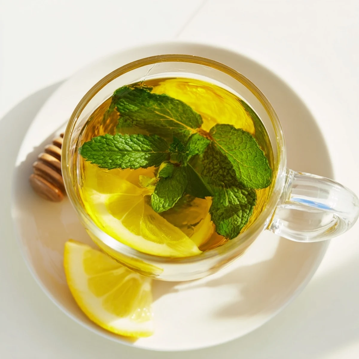 Steaming, aromatic peppermint leaf tea in a clear glass, garnished with fresh mint.