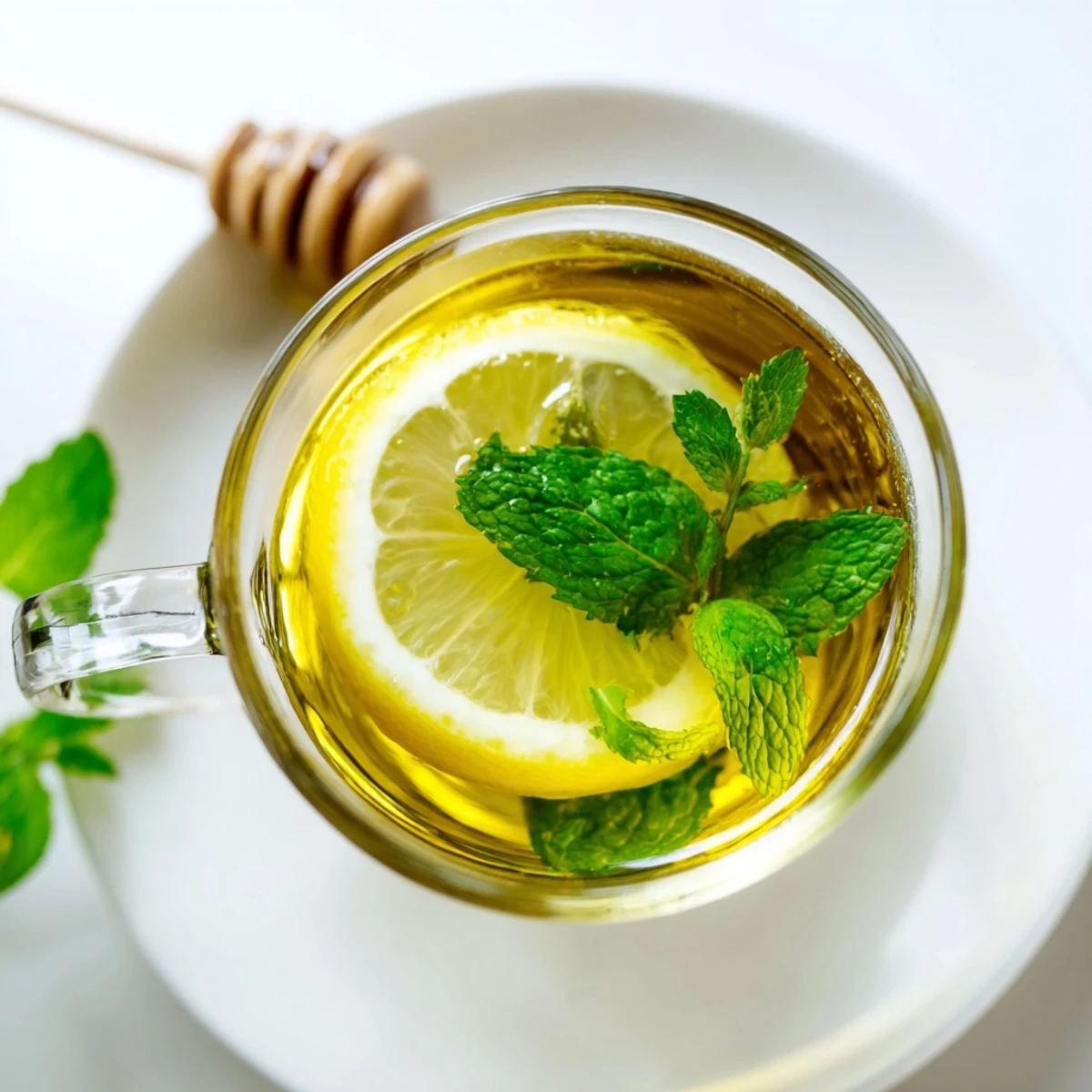 A cup of bright green peppermint leaf tea steeping, ready to refresh and soothe.