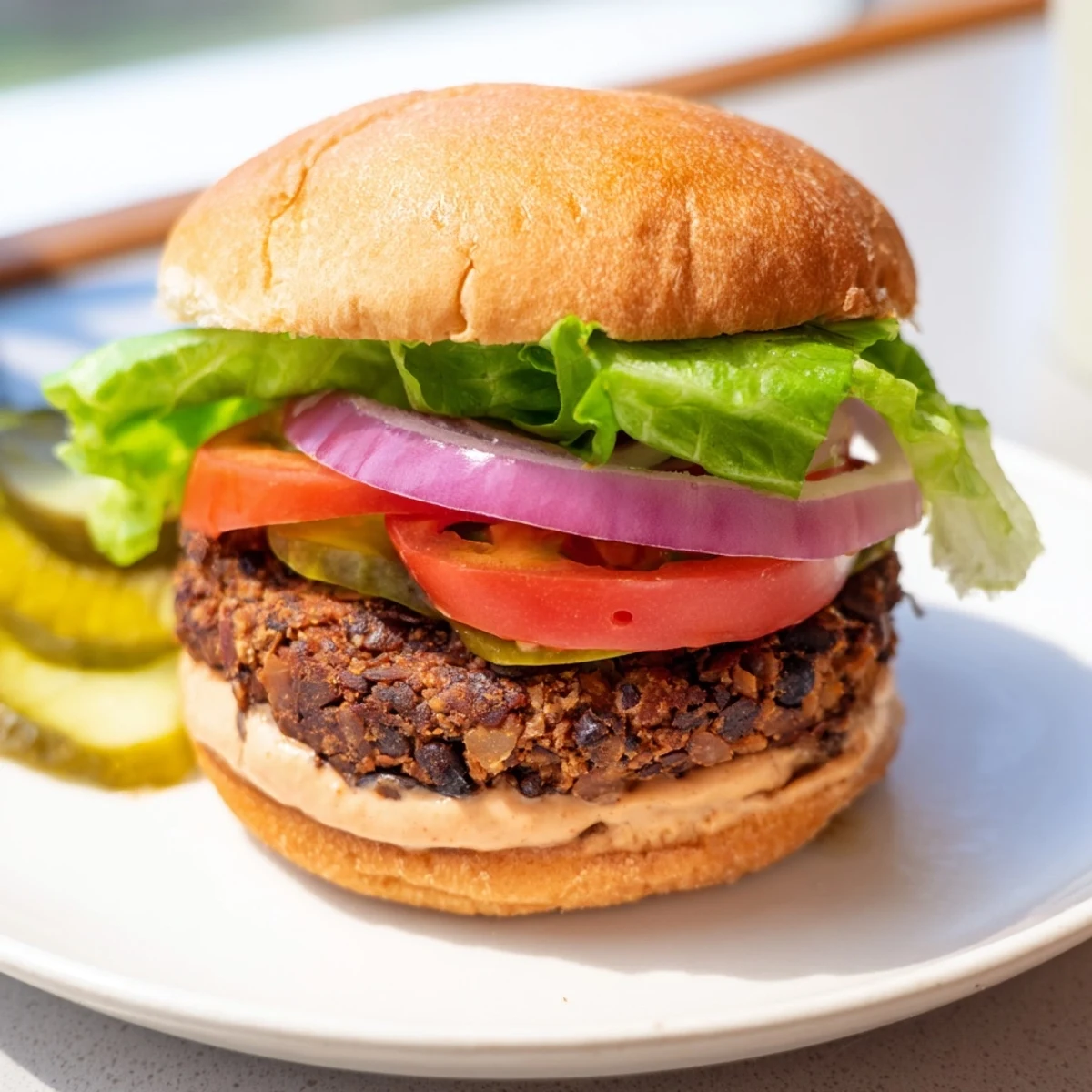A juicy Vegan Black Bean Burger with smoky chipotle mayo dripping down the sides.