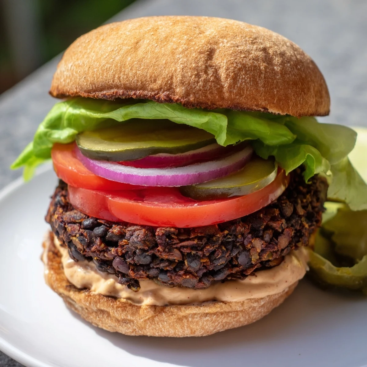 Freshly grilled Vegan Black Bean Burgers with vibrant toppings, perfect for a plant-based meal.
