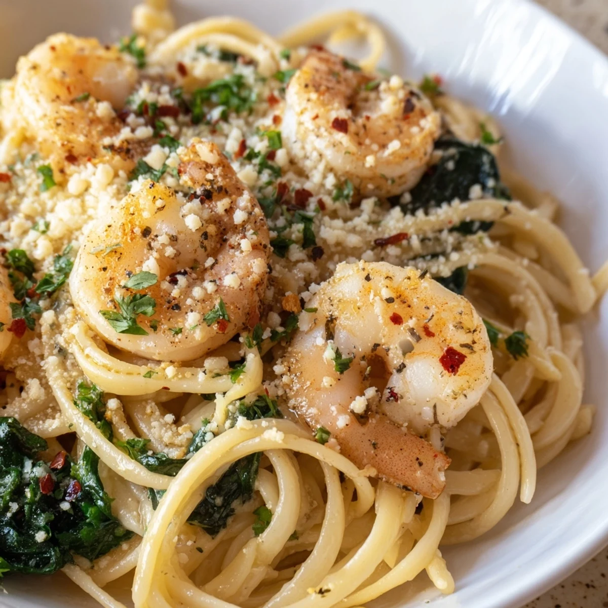 Golden, glistening Lemon Garlic Shrimp Pasta with spinach, ready to savor in a bright lemon sauce.