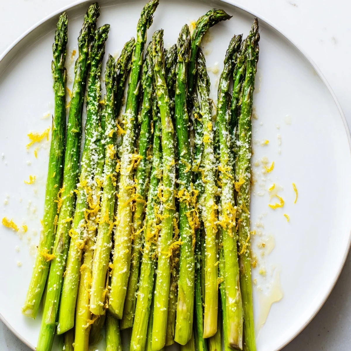 Golden-brown roasted asparagus with Parmesan, brightened by lemon zest, a simple yet flavorful dish.