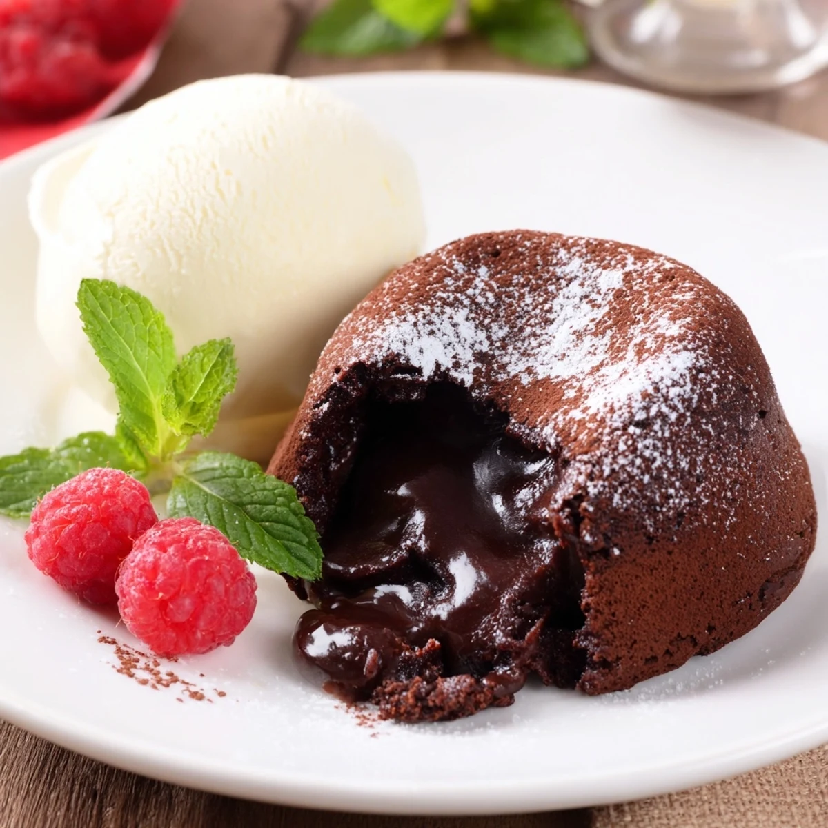 A perfect pairing: flowing centers of chocolate lava cakes served with cool, sweet vanilla ice cream.