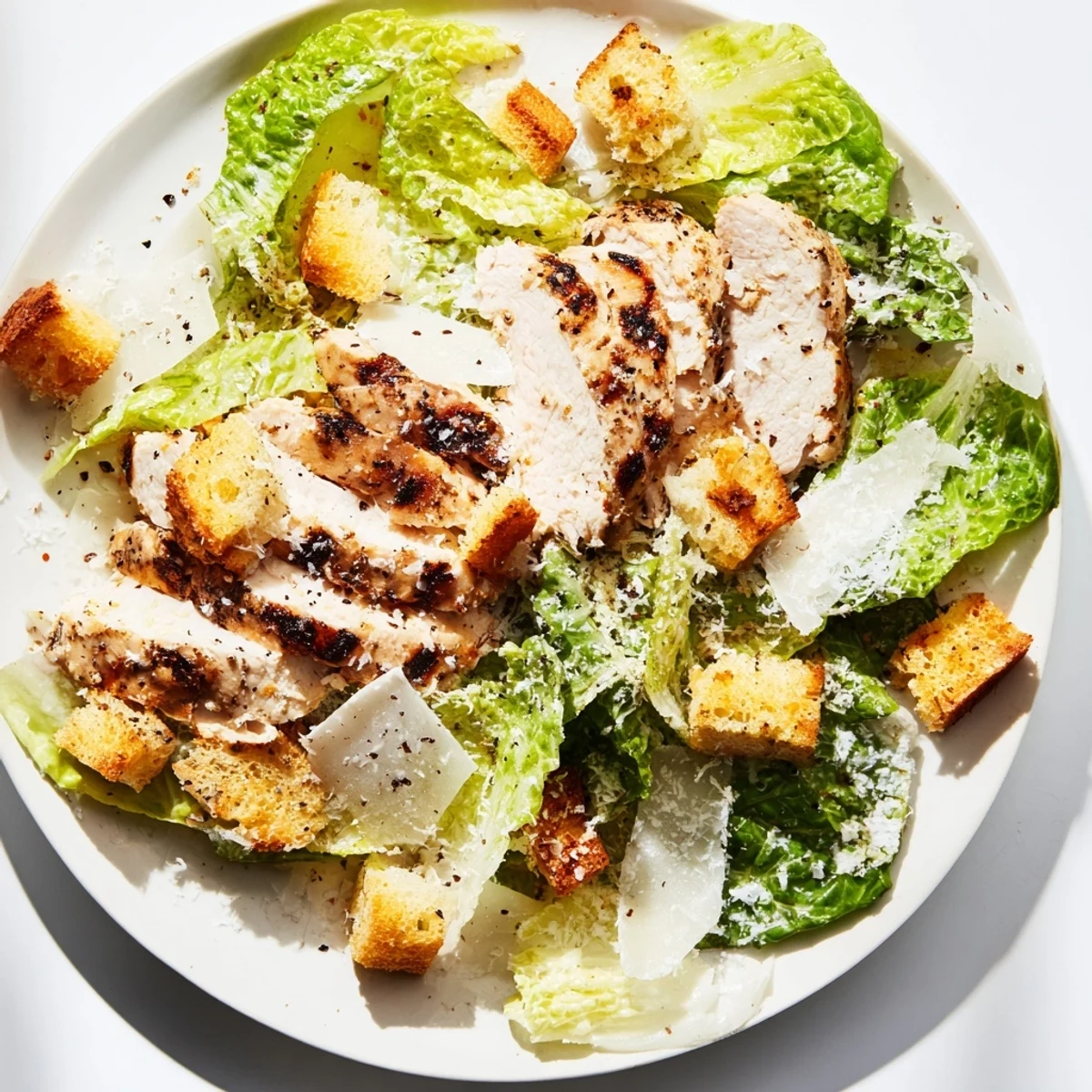 Savory Chicken Caesar salad, showing tender grilled chicken atop fresh romaine lettuce and parmesan cheese.