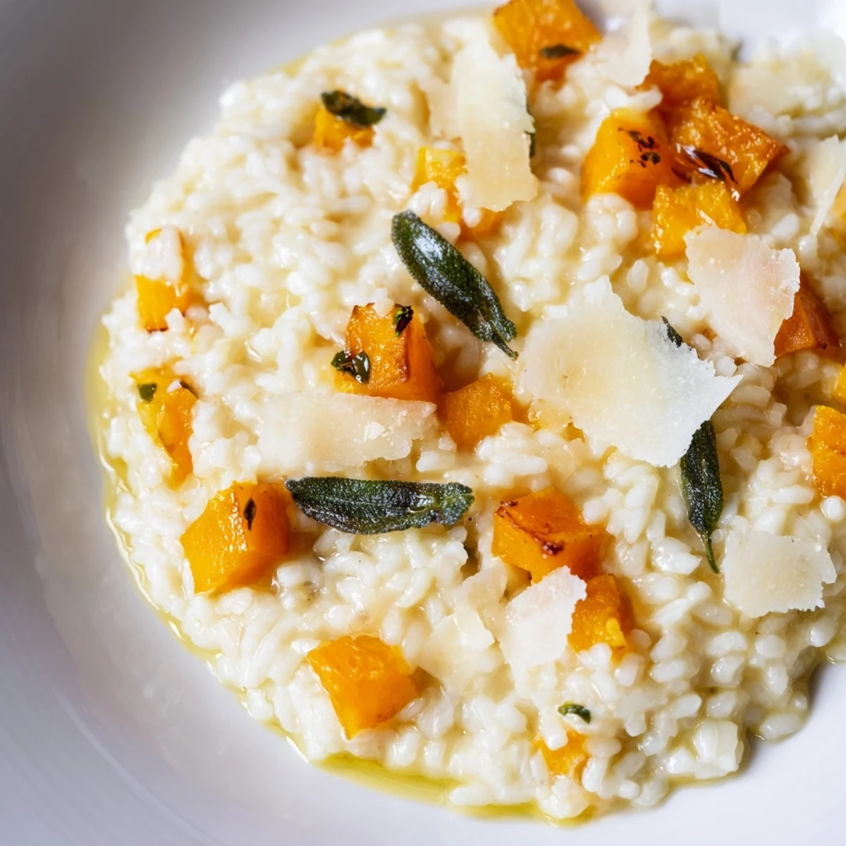 Creamy Winter Squash Risotto with Parmesan, garnished with sage, ready to serve with a rich aroma.