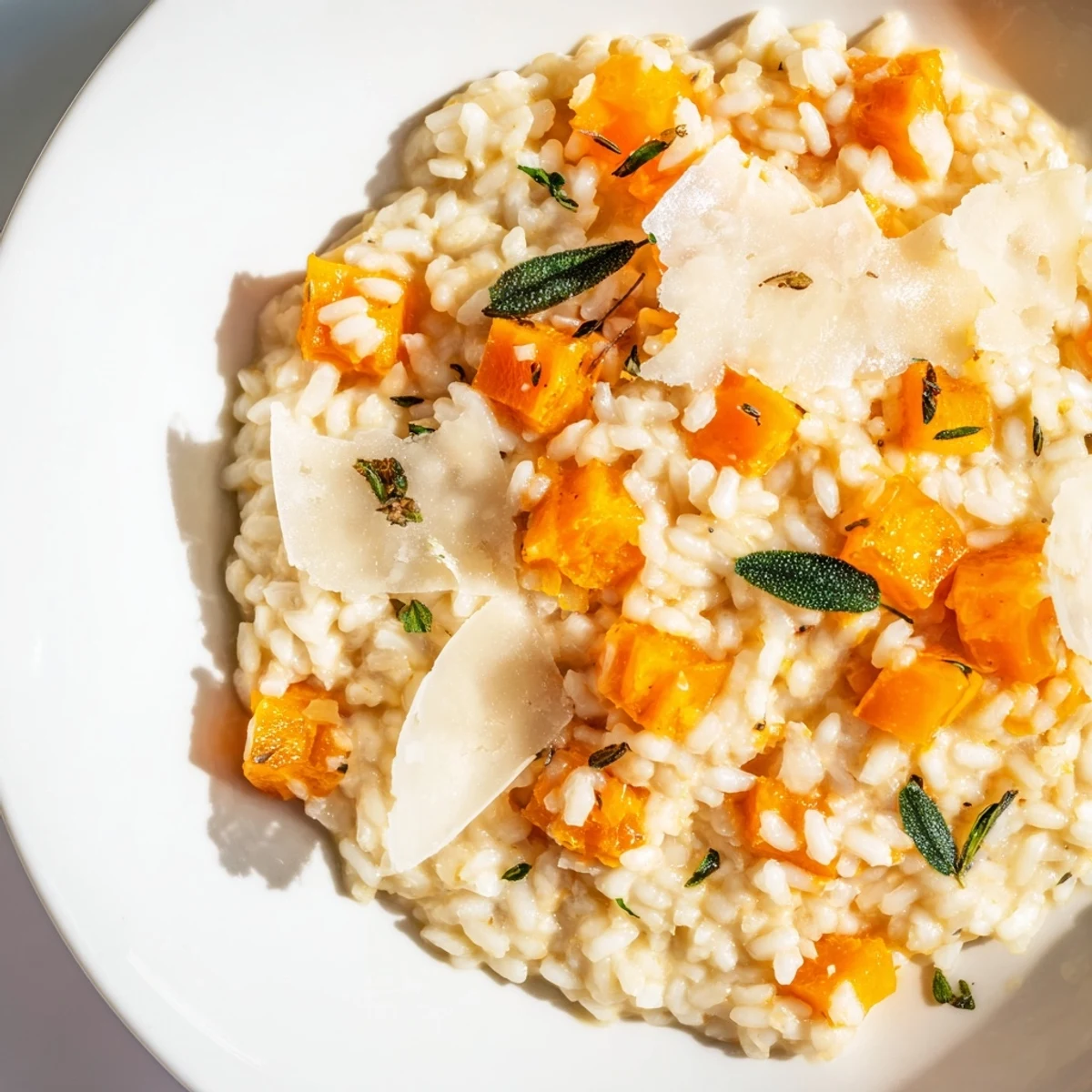 A steaming bowl of Winter Squash Risotto, showcasing golden squash and perfectly melted Parmesan cheese.