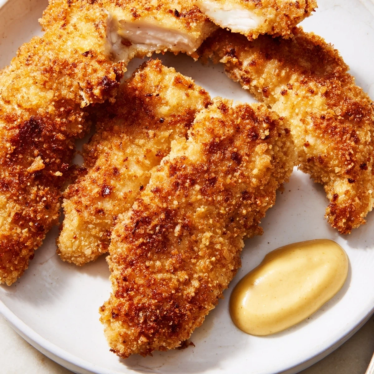 These flavorful crispy baked chicken tenders are perfect for dipping in homemade honey mustard sauce.