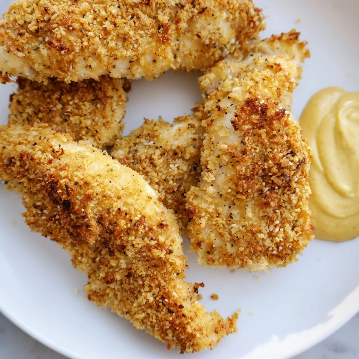 Golden, crispy baked chicken tenders with sweet honey mustard, ready to be dipped and enjoyed.