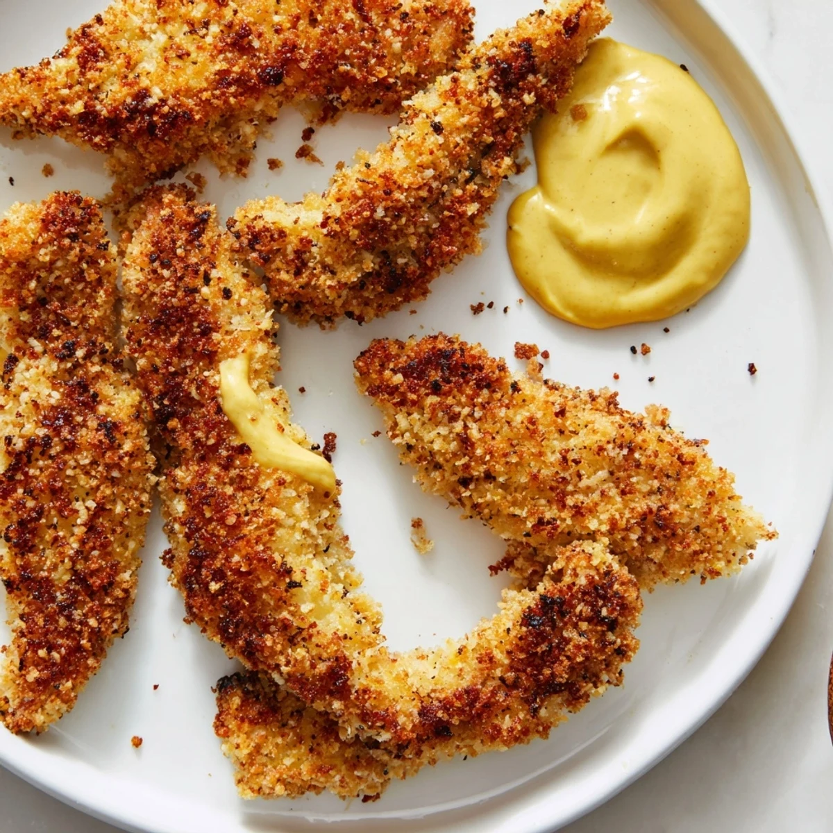 Picture these delicious crispy baked chicken tenders, tender and ready with honey mustard for dipping.