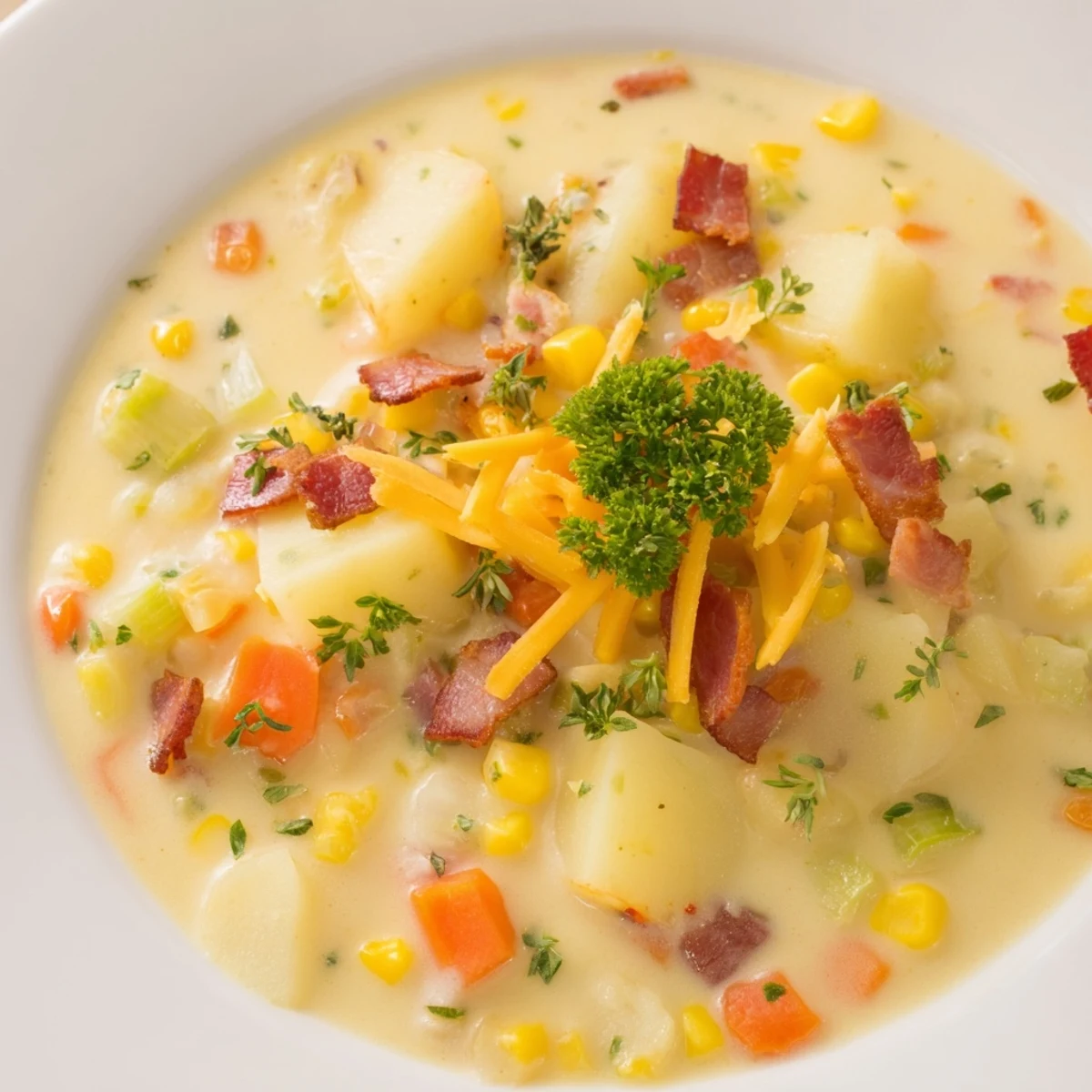 A steaming bowl of Creamy Corn Chowder with Turkey Bacon, offering a warm, comforting aroma.