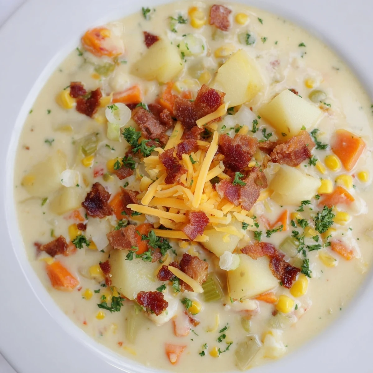 Creamy Corn Chowder with Turkey Bacon in a bowl, garnished with fresh parsley and crispy bacon.